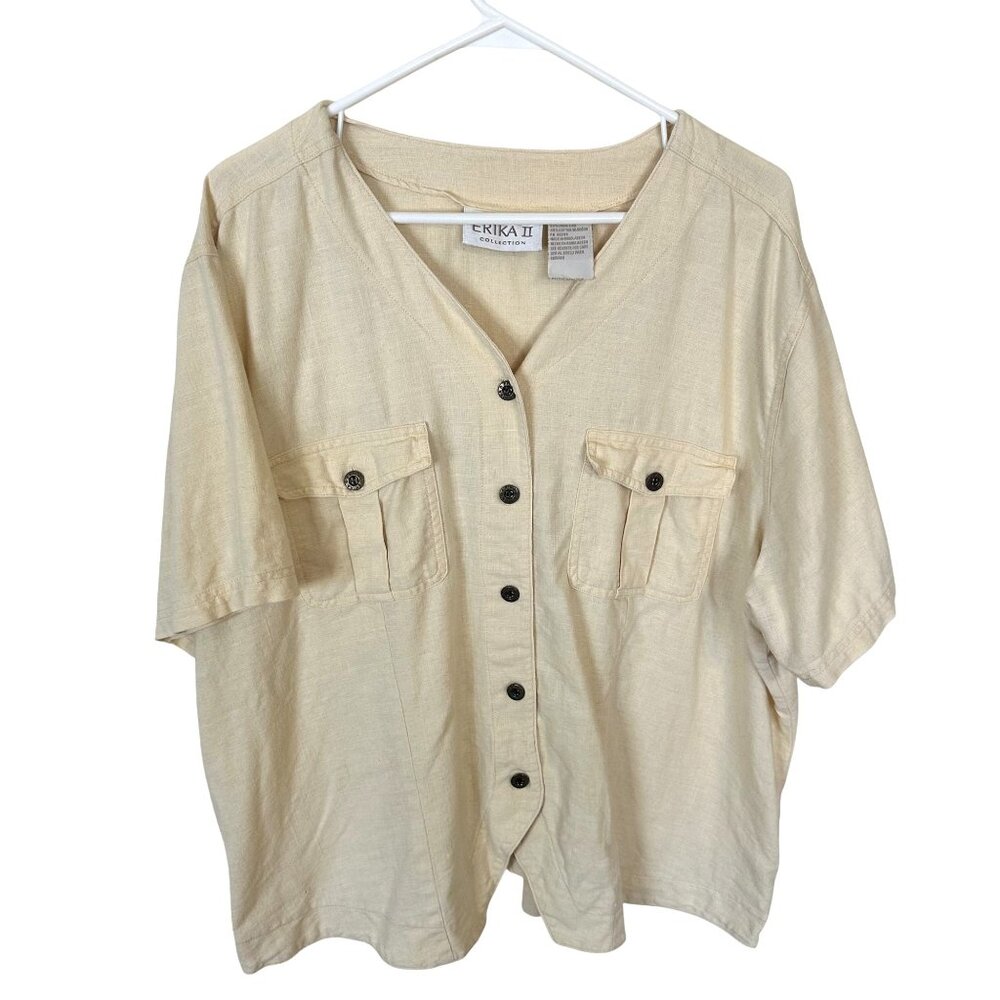 Buttercream Womens Top Linen Blend Button Up Shirt 2X Erika II 90s Vtg